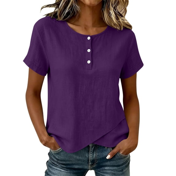cocolona Summer Tops for Women Short Sleeve Crew Neck Button Asymmetrical Hem Shirts Dressy Casual Solid Color Blouses