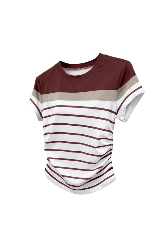 Summer Tops for Women Short Sleeve Slim Fit Crop Shirts Striped Printed Tees Trendy Casual Blouses