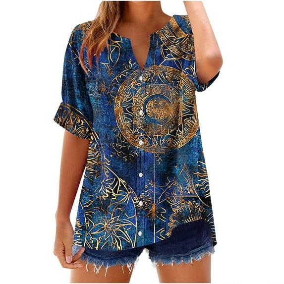 cocolona Summer Tops for Women V Neck Button Short Sleeve T-shirts Fashion Casual Loose Print Blouses Beach Vacation Tees