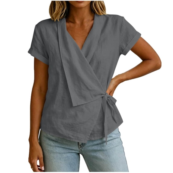 cocolona Summer Tops for Women V Neck Short Sleeve Bandage Shirts Dressy Casual Loose Solid Color Blouses