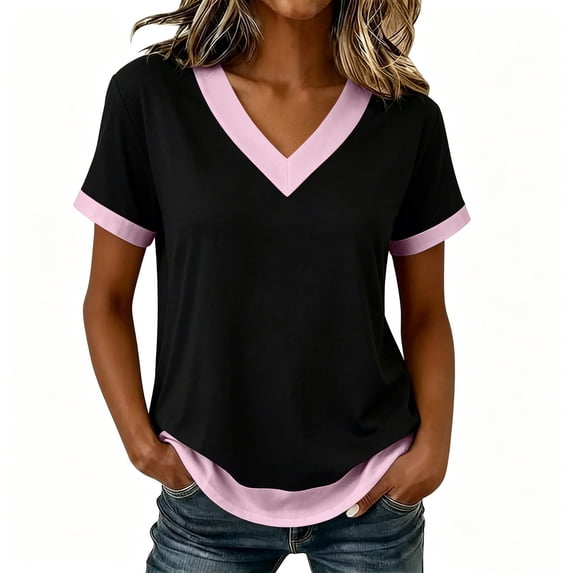 cocolona Summer Tshirts for Women V Neck Short Sleeve Pullover Tops Dressy Casual Blouses Solid Color Patchwork Base Tees