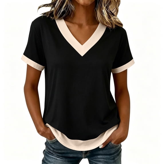 cocolona Summer Tshirts for Women V Neck Short Sleeve Pullover Tops Dressy Casual Blouses Solid Color Patchwork Base Tees