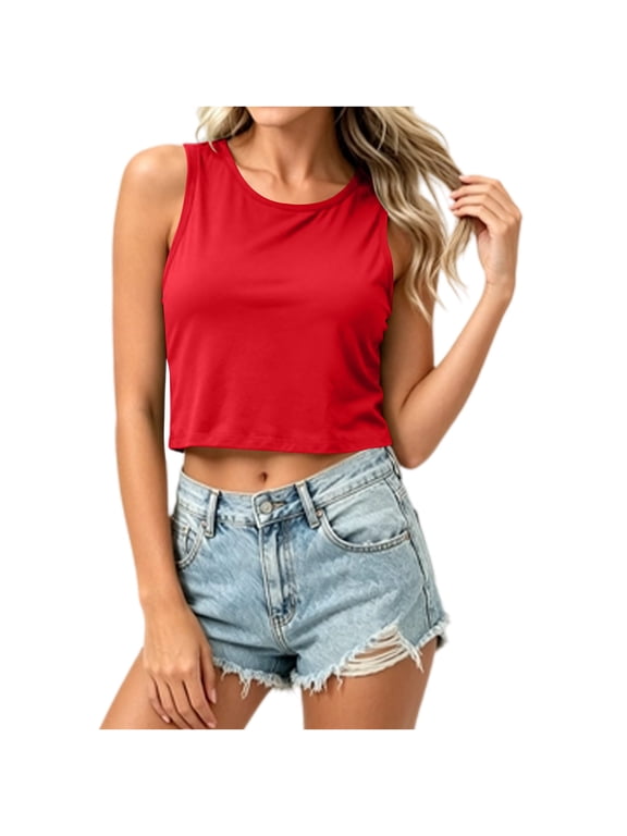 Summer Womens Crop Tank Tops Crew Neck Sleeveless Basic Shirts Trendy Casual Workout Solid Color Blouses
