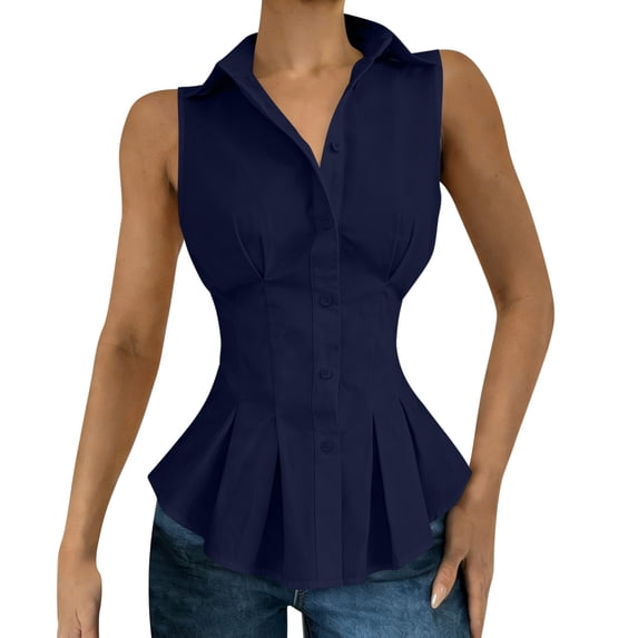 cocolona Summer Womens Pleated Tank Tops Lapel Sleeveless Button Blouses Dressy Casual Slim Work Shirts Outfits