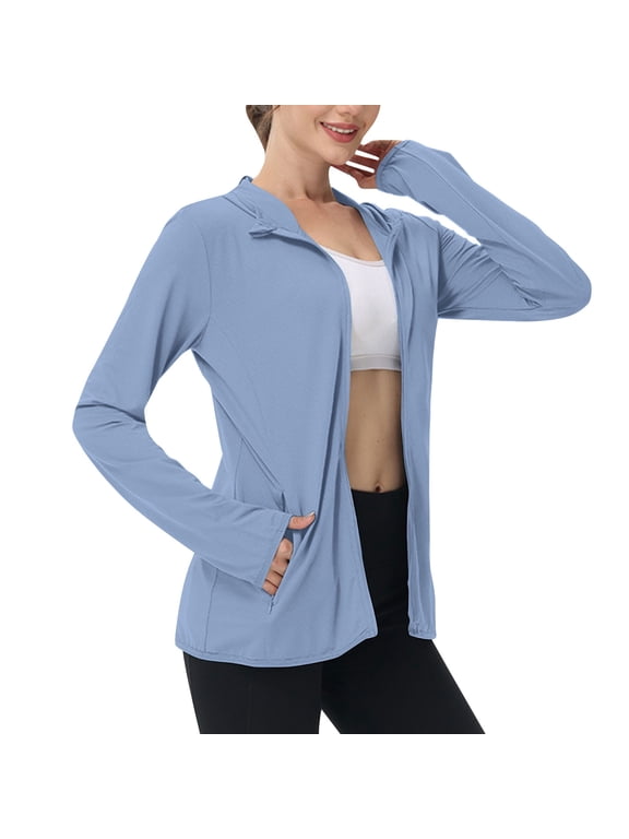 Summer Womens Sun Protection Jacket Long Sleeve Hooded Sun Shirts Outdoor Sunscreen Lightweight Zipper Hiking Tops with Pockets