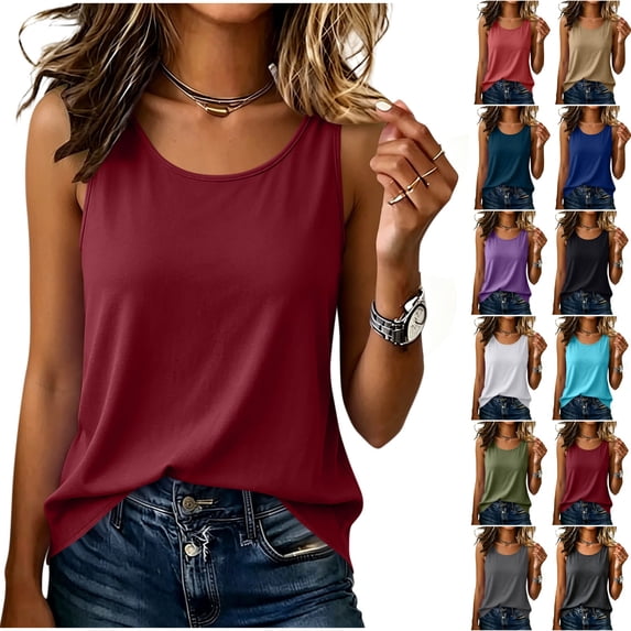 cocolona Womens Tank Tops Crew Neck Sleeveless Shirts Casual Loose Basic Solid Color Blouses