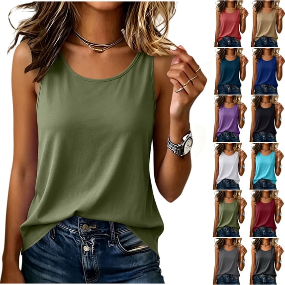 cocolona Womens Tank Tops Crew Neck Sleeveless Shirts Casual Loose Basic Solid Color Blouses