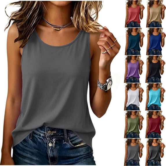 cocolona Womens Tank Tops Crew Neck Sleeveless Shirts Casual Loose Basic Solid Color Blouses