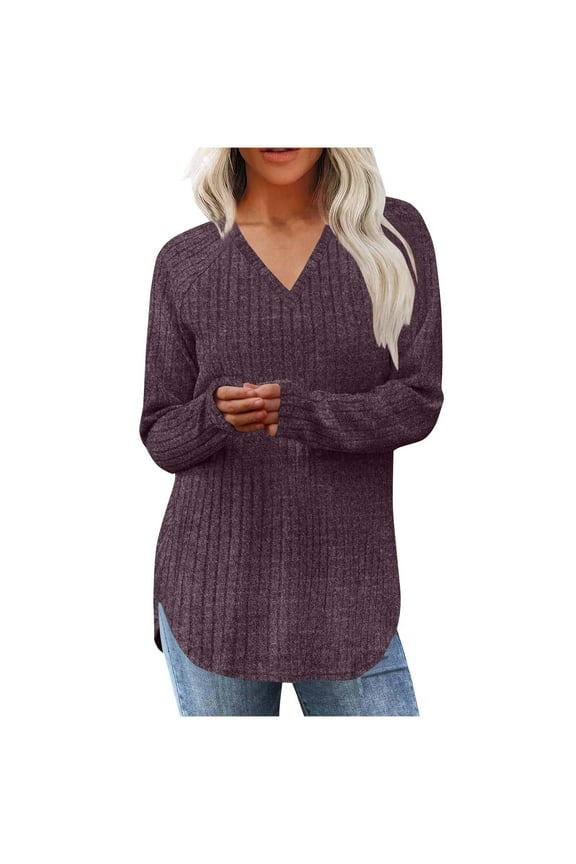 Sweaters for Women Fall Winter Casual Long Sleeve Shirts V Neck Hem Slit Blouse Casual Solid Color Pullover Tops