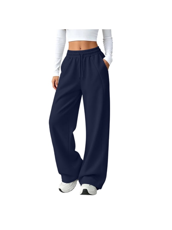 Sweatpants for Women Fall Trendy Casual Baggy Wide Leg Sweat Pants Drawstring Running Workout Joggers with Pockets
