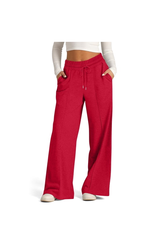Sweatpants for Women with Pockets, Wide Leg Baggy Red Sweatpants High-Waisted Drawstring Joggers Pants Lounge Trousers