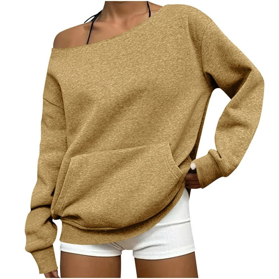 cocolona Sweatshirt for Women Off the Shoulder Long Sleeve Shirts Fall Fashion Solid Pullover Tops with Pockets