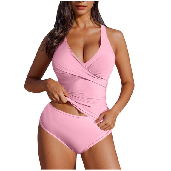 cocolona Tankini Swimsuits for Women Fashion Solid Color Two Piece Tummy Control Modest Bathing Suits Vacation Beach Swimwear