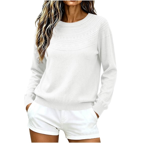 cocolona Texture Knitted Sweater for Women Crew Neck Long Sleeve Casual Sweater Solid Color Trendy Fall Winter Sweater