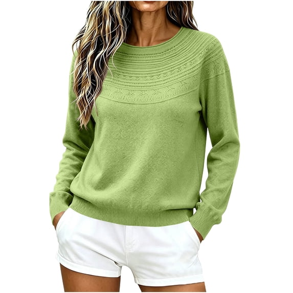 cocolona Texture Knitted Sweater for Women Crew Neck Long Sleeve Casual Sweater Solid Color Trendy Fall Winter Sweater