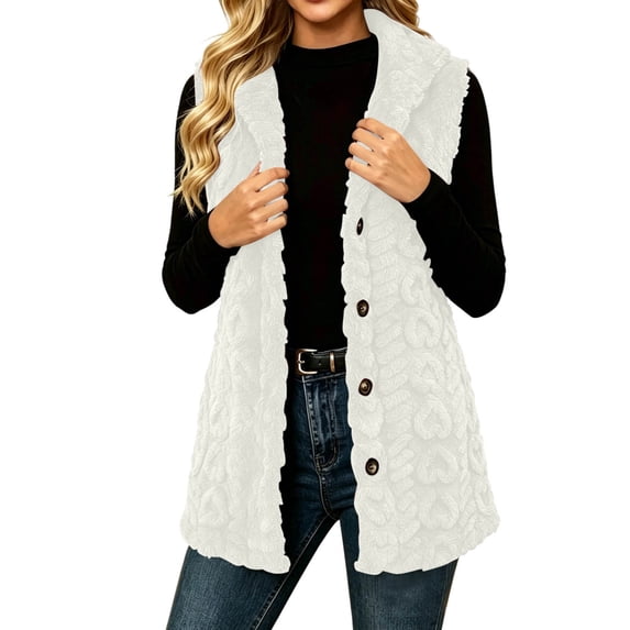 cocolona Textured Fuzzy Fleece Vest for Women Sleeveless Button Down Cable Knit Cardigan Solid Color Casual Sweater Vest