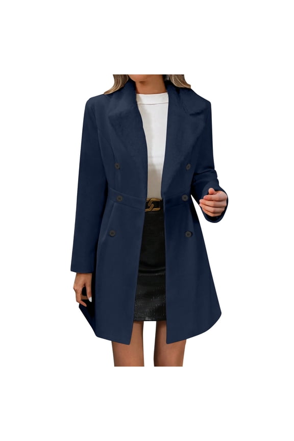 Trench Coat Women Double Breasted Notched Collar Wool Pea Coat Fall Winter Fleece Warm Overcoat Fashion Casual Long Jackets