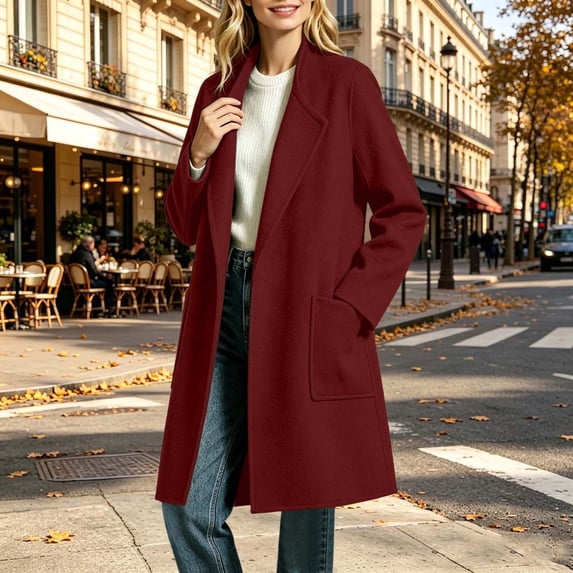 cocolona Trench Coat for Women Open Front Long Sleeve Solid Color Long Jacket Notch Lapel Lined Fall Winter Wool Coat with Pockets
