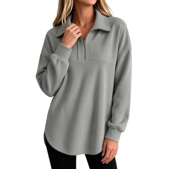 cocolona Tunic Sweatshirts for Women Long Sleeve Lapel Half Zip Pullover Tops Casual Loose Curved Hem Workout Sweatshirts