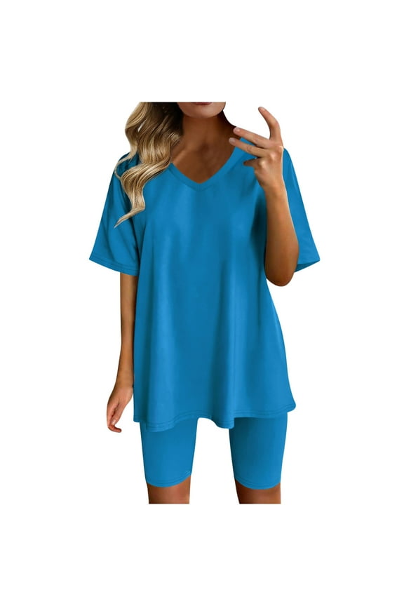 Two Piece Outfits for Women Summer V Neck Oversized T-shirt + Biker Shorts Workout Yoga Tracksuit Lounge Matching Sets Sky Blue L