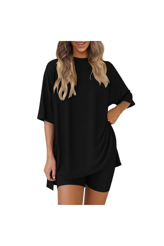 Two Piece Sets for Women Summer Crew Neck Oversized T-shirt + Biker Shorts Workout Yoga Tracksuit Lounge Matching Sets Vacation Outfits Black M