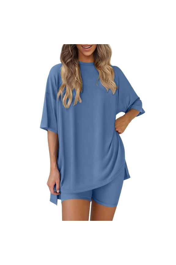 Two Piece Sets for Women Summer Crew Neck Oversized T-shirt + Biker Shorts Workout Yoga Tracksuit Lounge Matching Sets Vacation Outfits Blue M