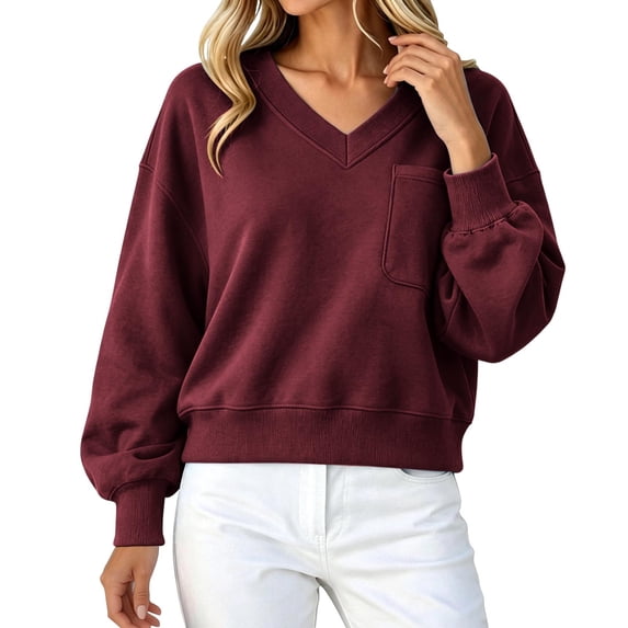cocolona V Neck Sweatshirts for Women Casual Long Sleeve Solid Color Cropped Pullover Tops