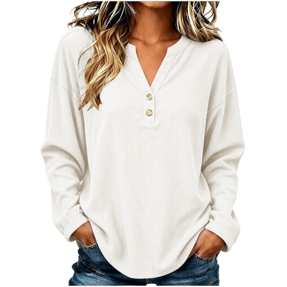 cocolona V Neck Tops for Women Button Down Long Sleeve Solid Color Casual Shirts Casual Loose Fit Basic Pullover Blouses