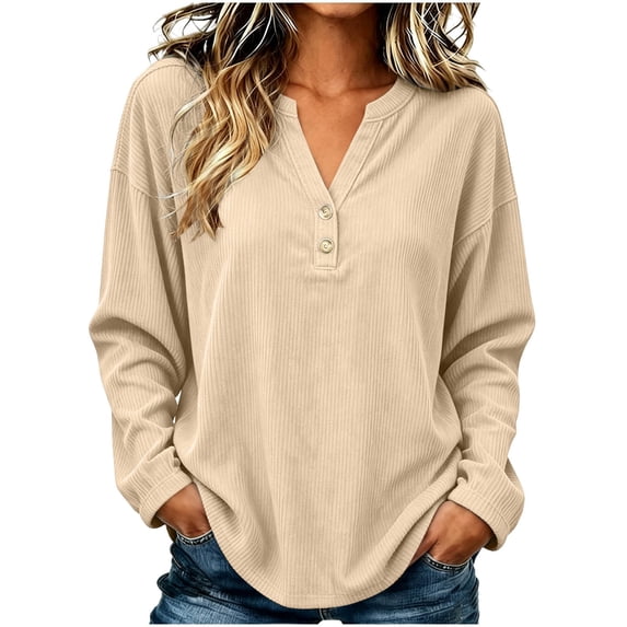cocolona V Neck Tops for Women Button Down Long Sleeve Solid Color Casual Shirts Casual Loose Fit Basic Pullover Blouses