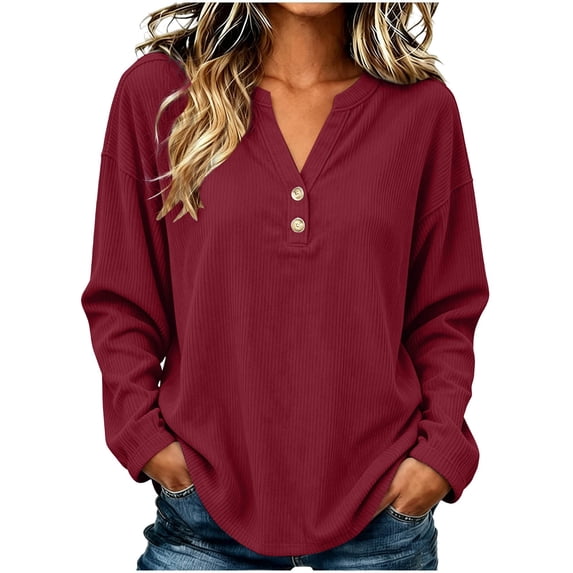 cocolona V Neck Tops for Women Button Down Long Sleeve Solid Color Casual Shirts Casual Loose Fit Basic Pullover Blouses