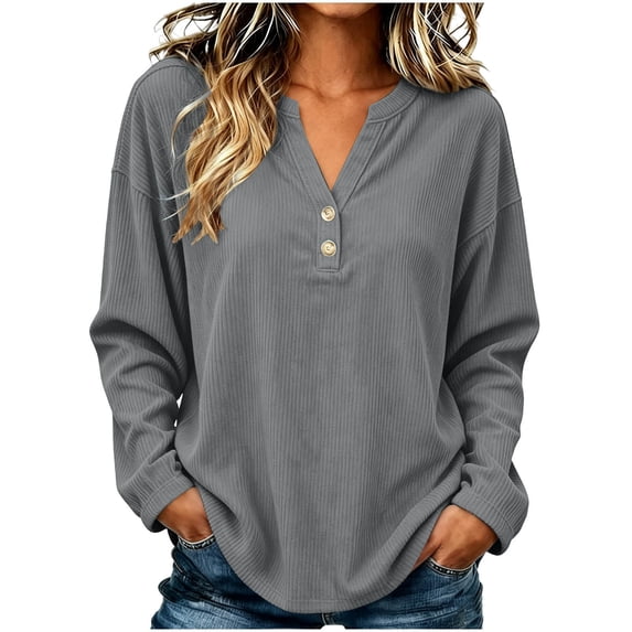 cocolona V Neck Tops for Women Button Down Long Sleeve Solid Color Casual Shirts Casual Loose Fit Basic Pullover Blouses