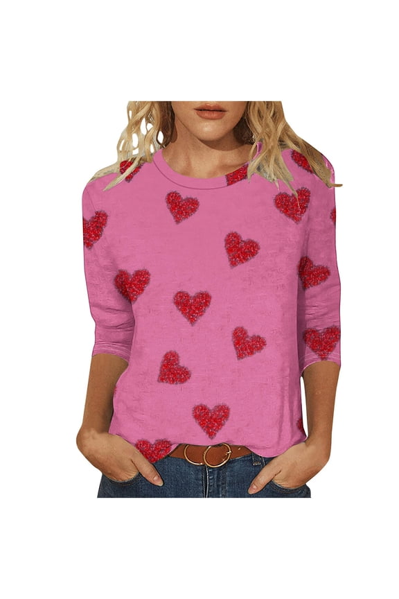 Valentines Shirts for Women Summer Crew Neck 3/4 Sleeve Tops Casual Loose Blouses Fashion Cute Heart Print T-shirts