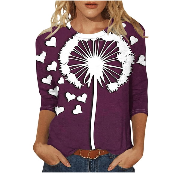 cocolona Valentines Shirts for Women Summer Crew Neck 3/4 Sleeve Tops Casual Loose Blouses Fashion Cute Heart Print T-shirts