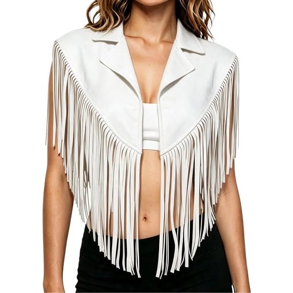 cocolona Vest for Women Notch Lapel Fringe Sleeveless Cropped Jacket Vacation Party Trendy Outerwear
