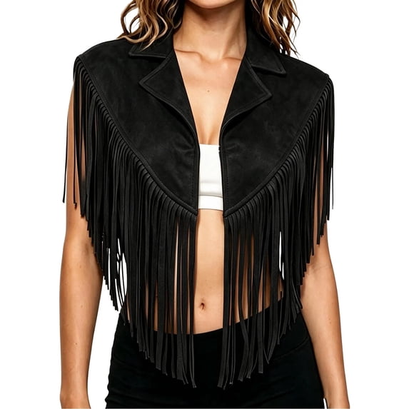 cocolona Vest for Women Notch Lapel Fringe Sleeveless Cropped Jacket Vacation Party Trendy Outerwear
