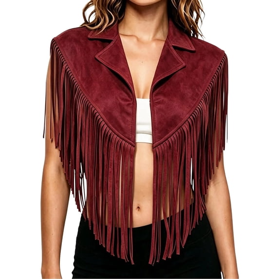 cocolona Vest for Women Notch Lapel Fringe Sleeveless Cropped Jacket Vacation Party Trendy Outerwear