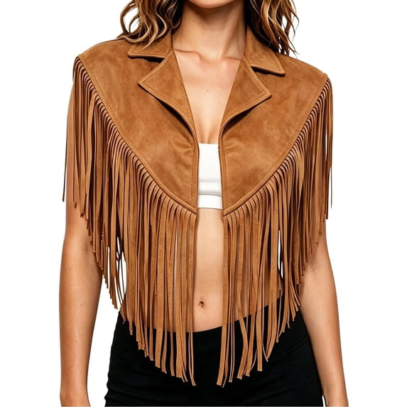 cocolona Vest for Women Notch Lapel Fringe Sleeveless Cropped Jacket Vacation Party Trendy Outerwear