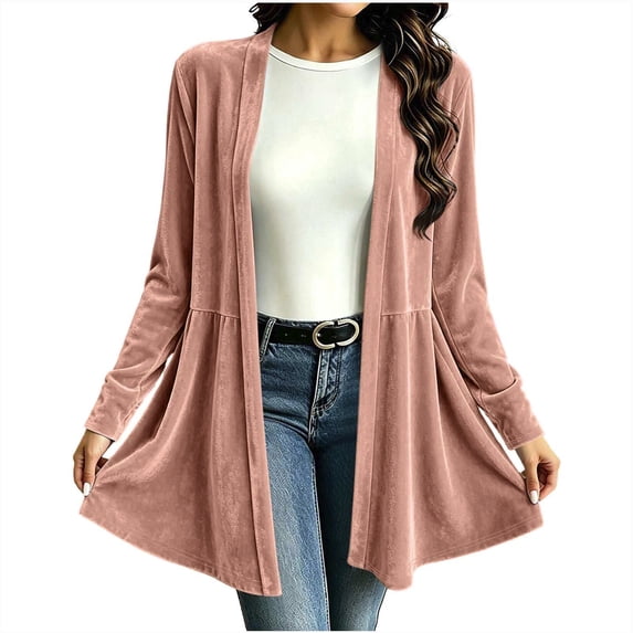 cocolona Vintage Cardigan for Women Solid Color Long Sleeve Pleated Casual Tops Open Front Flowy Cardigan for Party