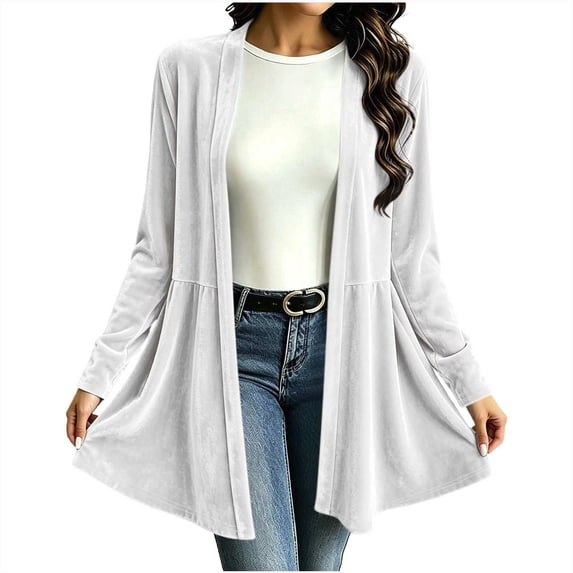 cocolona Vintage Cardigan for Women Solid Color Long Sleeve Pleated Casual Tops Open Front Flowy Cardigan for Party