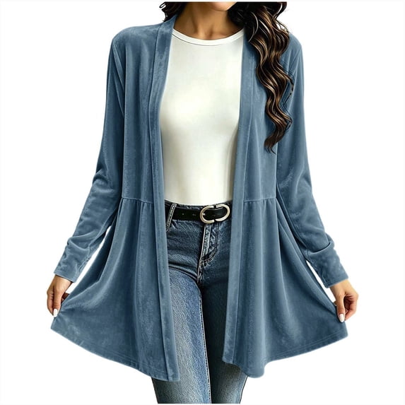 cocolona Vintage Cardigan for Women Solid Color Long Sleeve Pleated Casual Tops Open Front Flowy Cardigan for Party