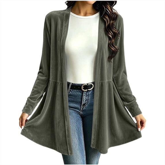 cocolona Vintage Cardigan for Women Solid Color Long Sleeve Pleated Casual Tops Open Front Flowy Cardigan for Party