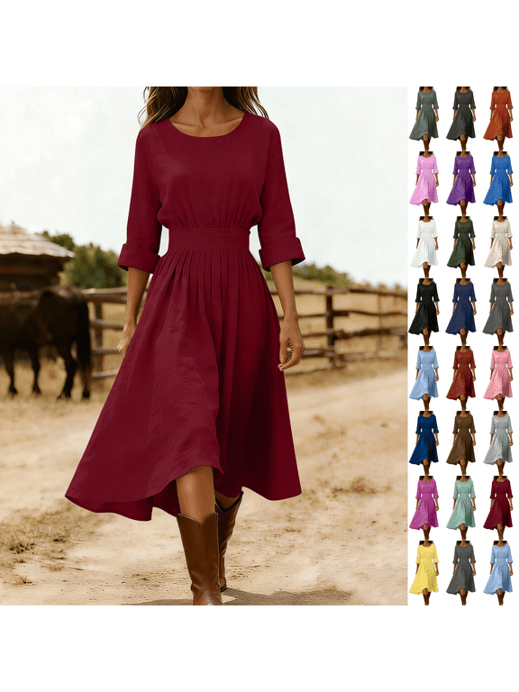 Western Dress for Women Crew Neck High Waist Maxi Dress 3/4 Sleeve Solid Color Tunic Linen Dress