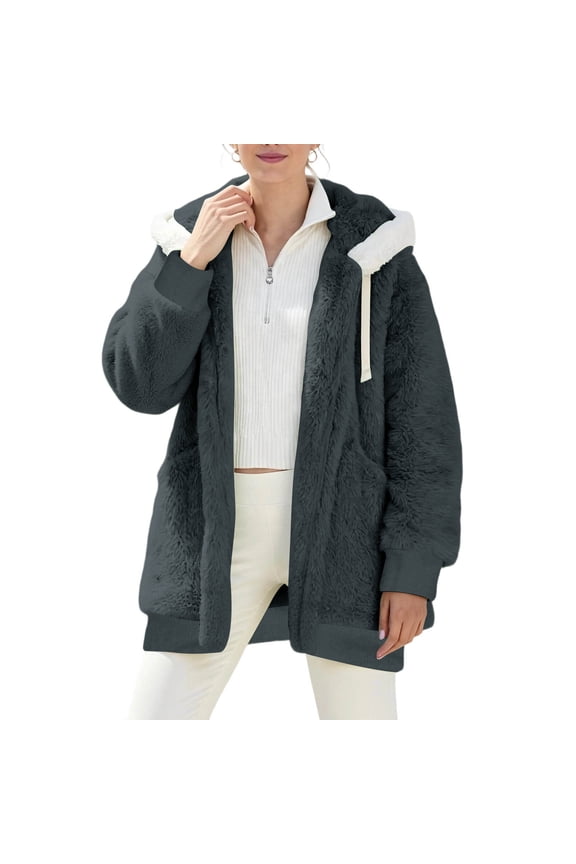 Winter Coats for Women Fuzzy Fleece Jacket Long Sleeve Zip Up Hooded Color Block Cardigan Coat Outerwear with Pocket