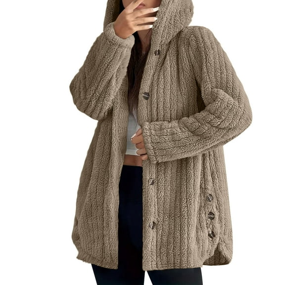 cocolona Winter Coats for Women Long Sleeve Casual Fleece Warm Hooded Jackets Fashion Solid Loose Button Jacket Tops