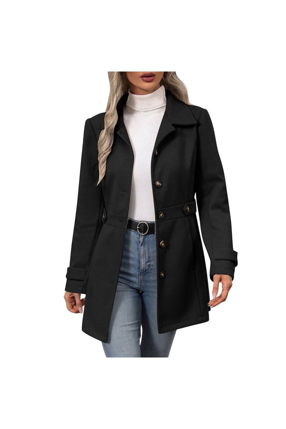 Winter Coats for Women Long Sleeve Lapel Trench Coat Mid Long Jackets Fashion Solid Color Wool Pea Coat Casual Overcoat Outwear