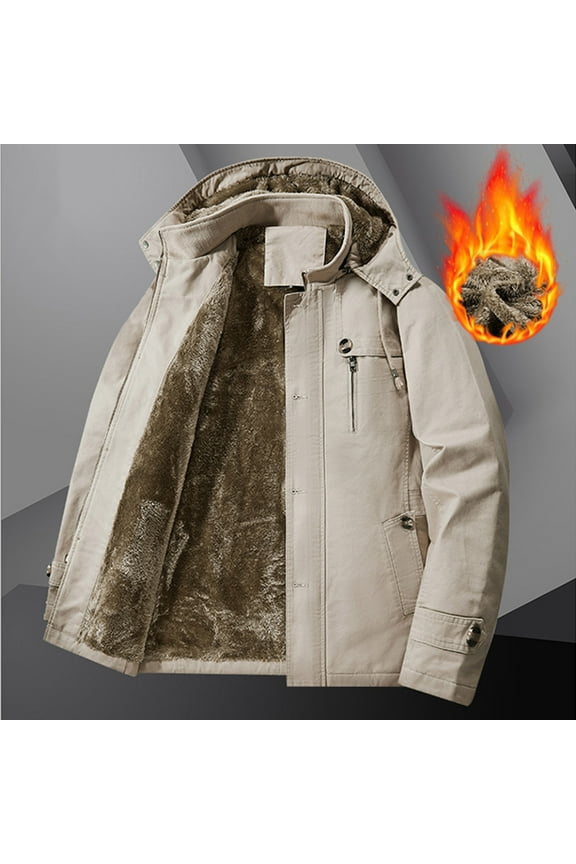 Winter Jacket for Men Fashion Casual Warm Fleece Lined Jacket Coat Mens Work Cargo Multi-Pockets Jacket with Removable Hood, on Clearance