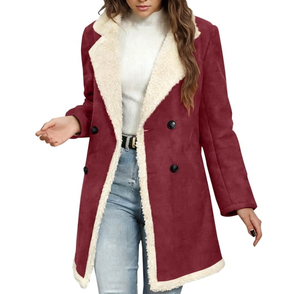 cocolona Winter Jacket for Women Notch Lapel Open Front Sherpa Overcoat Casual Long Sleeve Double Breasted Trendy Outerwear