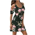thumbnail image 1 of cocolona Women 2024 Summer Boho Dress Fashion Casual Floral Printing Crew Neck Cold Shoulder Pleated Mini Sundress, 1 of 4