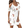 thumbnail image 1 of cocolona Women 2024 Summer Boho Dress Fashion Casual Floral Printing Crew Neck Cold Shoulder Pleated Mini Sundress, 1 of 4
