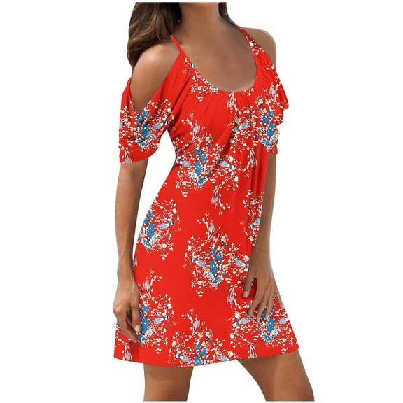 cocolona Women 2024 Summer Boho Dress Fashion Casual Floral Printing Crew Neck Cold Shoulder Pleated Mini Sundress